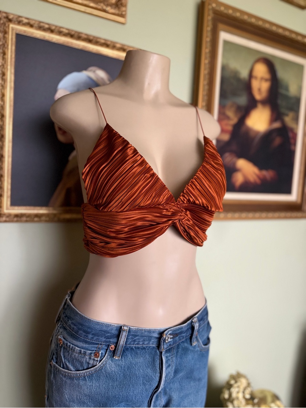Urban Outfitters Rust Orange Satin Twist-Front Camisole Crop Top Festival